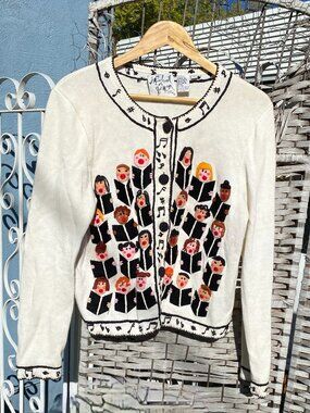Vintage Michael Simon Music Notes Cardigan Choir Christmas Caroler Large